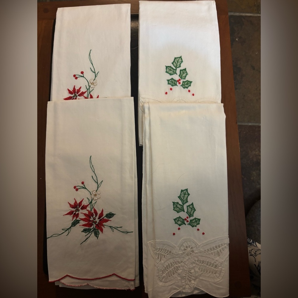 Four Embroidered Holiday Table Napkins; 2 Holly & 2 poinsettia